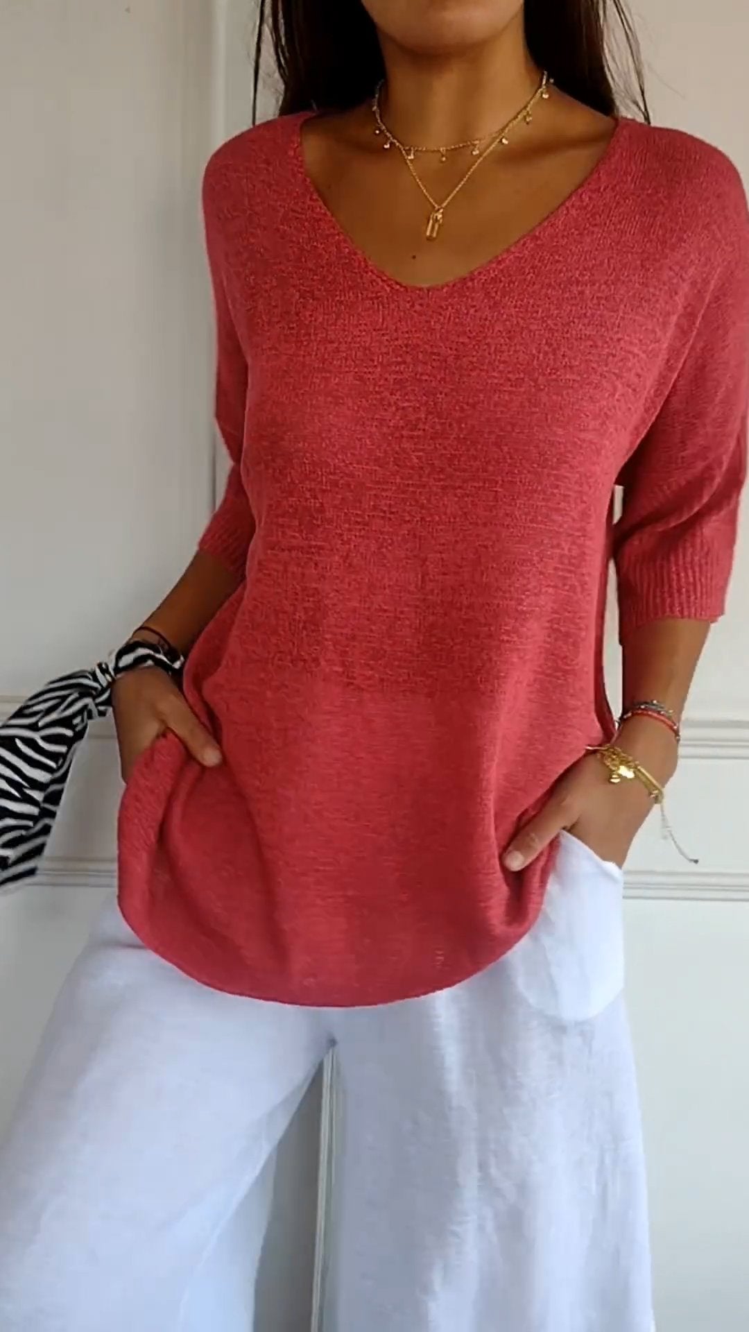 V-neck Blouse - Knitted - Long - Half Sleeve Top - Women's Sweater-Grace Aura