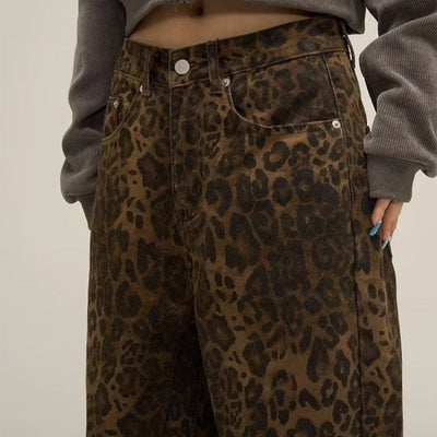 Wide Leg Jeans - Leopard Print - High Waisted - Loose Fit Jeans - Women's Jeans-Grace Aura