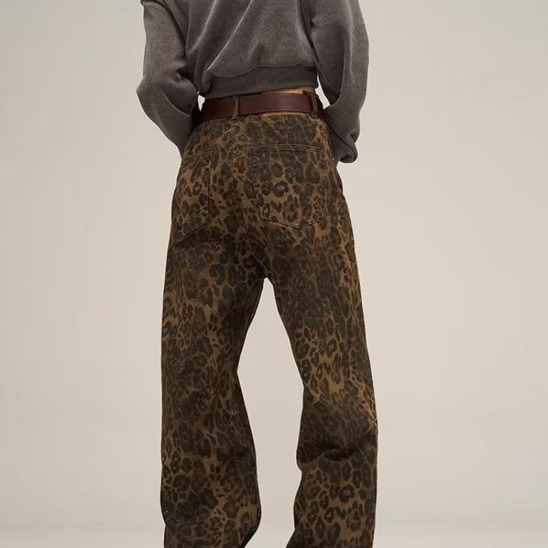 Wide Leg Jeans - Leopard Print - High Waisted - Loose Fit Jeans - Women's Jeans-Grace Aura