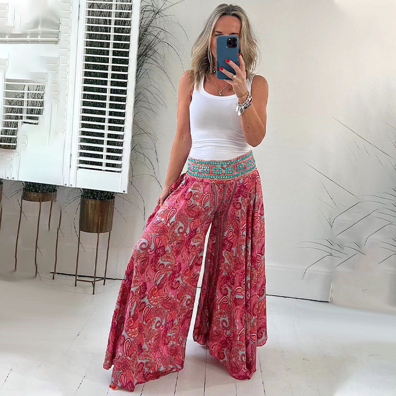 Wide Leg Pants | Paisley Print | Flowy | Boho Pants | Ladies Summer Trousers-Grace Aura