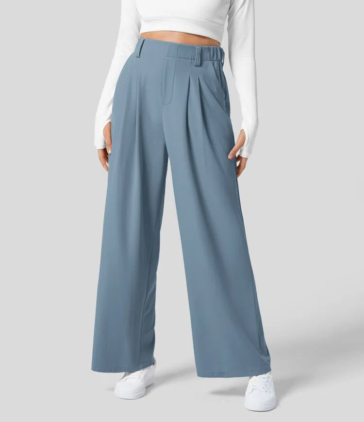 Wide Leg Pants - Women's Elastic Waist Loose Fit High Waisted Pants -Grace Aura