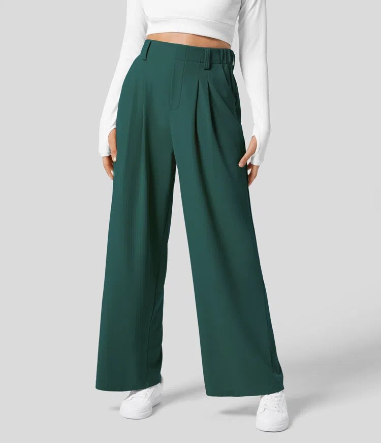 Wide Leg Pants - Women's Elastic Waist Loose Fit High Waisted Pants -Grace Aura