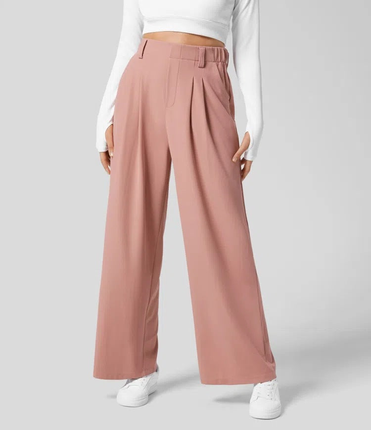 Wide Leg Pants - Women's Elastic Waist Loose Fit High Waisted Pants -Grace Aura