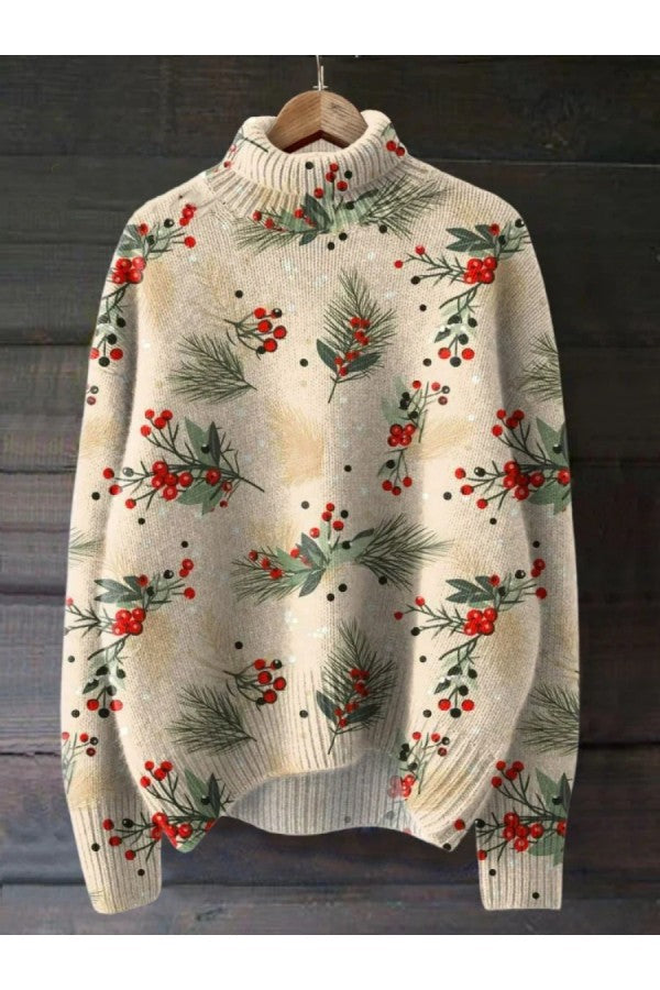 Winter Christmas Vintage Cute Art Print Knit Turtleneck Pullover Sweater-Grace Aura