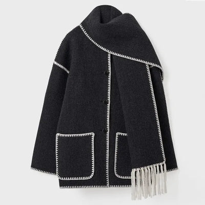 Winter Coat - Women's Woolen Single Breasted Winter Jacket with Scarf-Grace Aura