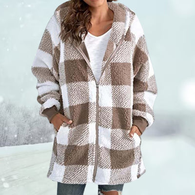 Winter Jacket - Women's Plaid Hooded Zip-Up Mid Length Fleece Jacket-Grace Aura