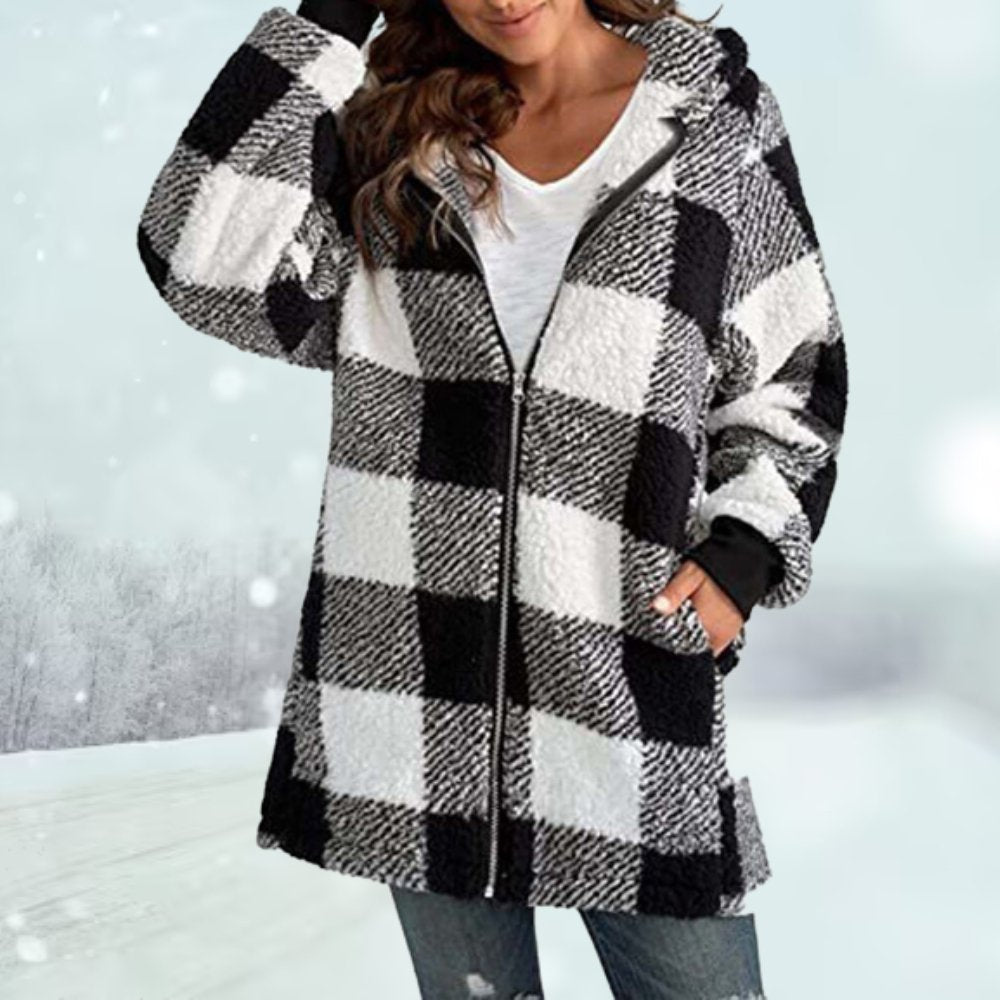 Winter Jacket - Women's Plaid Hooded Zip-Up Mid Length Fleece Jacket-Grace Aura