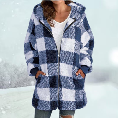 Winter Jacket - Women's Plaid Hooded Zip-Up Mid Length Fleece Jacket-Grace Aura