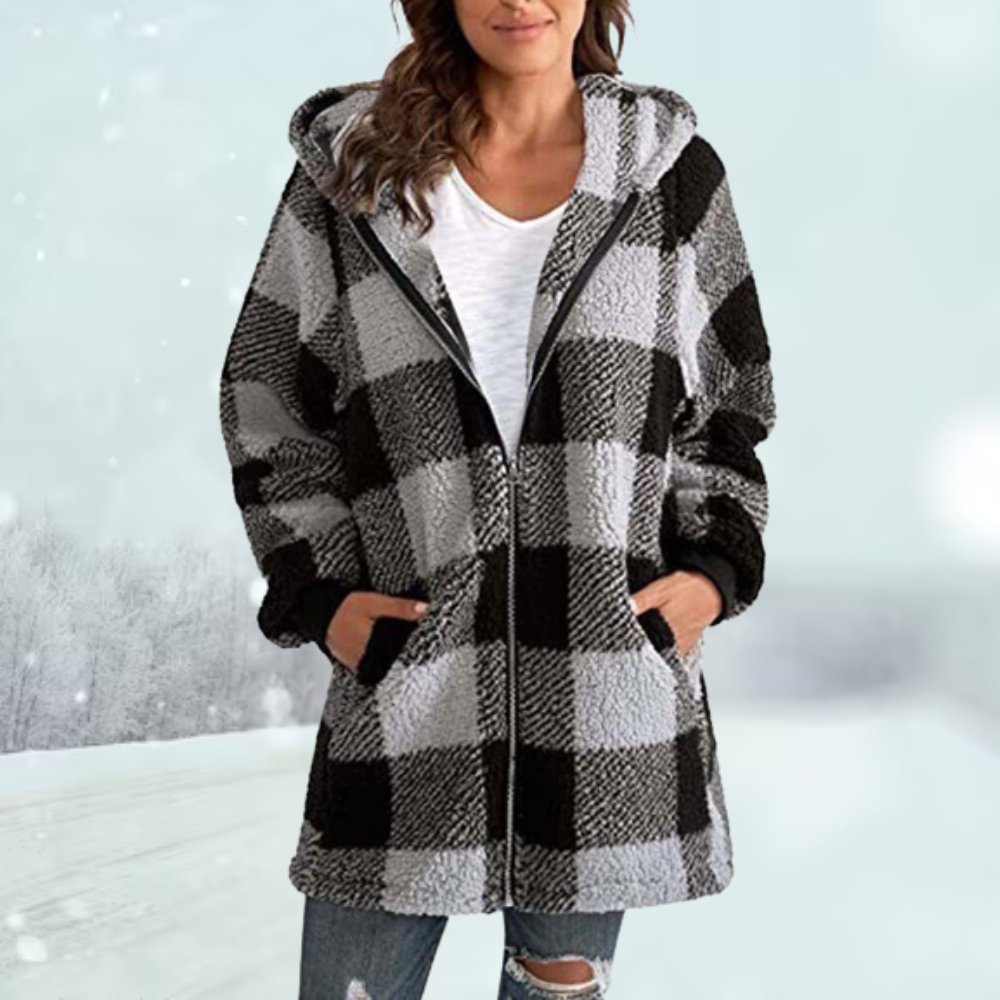 Winter Jacket - Women's Plaid Hooded Zip-Up Mid Length Fleece Jacket-Grace Aura