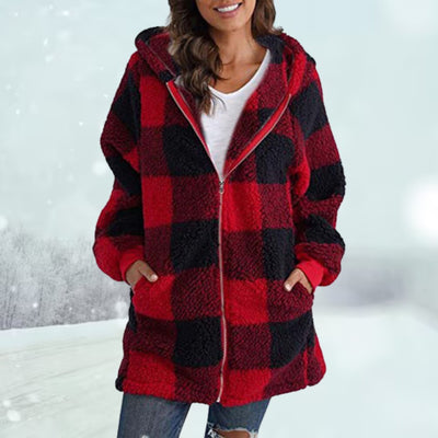 Winter Jacket - Women's Plaid Hooded Zip-Up Mid Length Fleece Jacket-Grace Aura