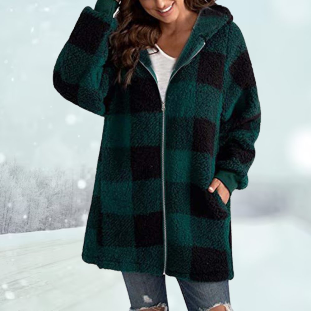 Winter Jacket - Women's Plaid Hooded Zip-Up Mid Length Fleece Jacket-Grace Aura