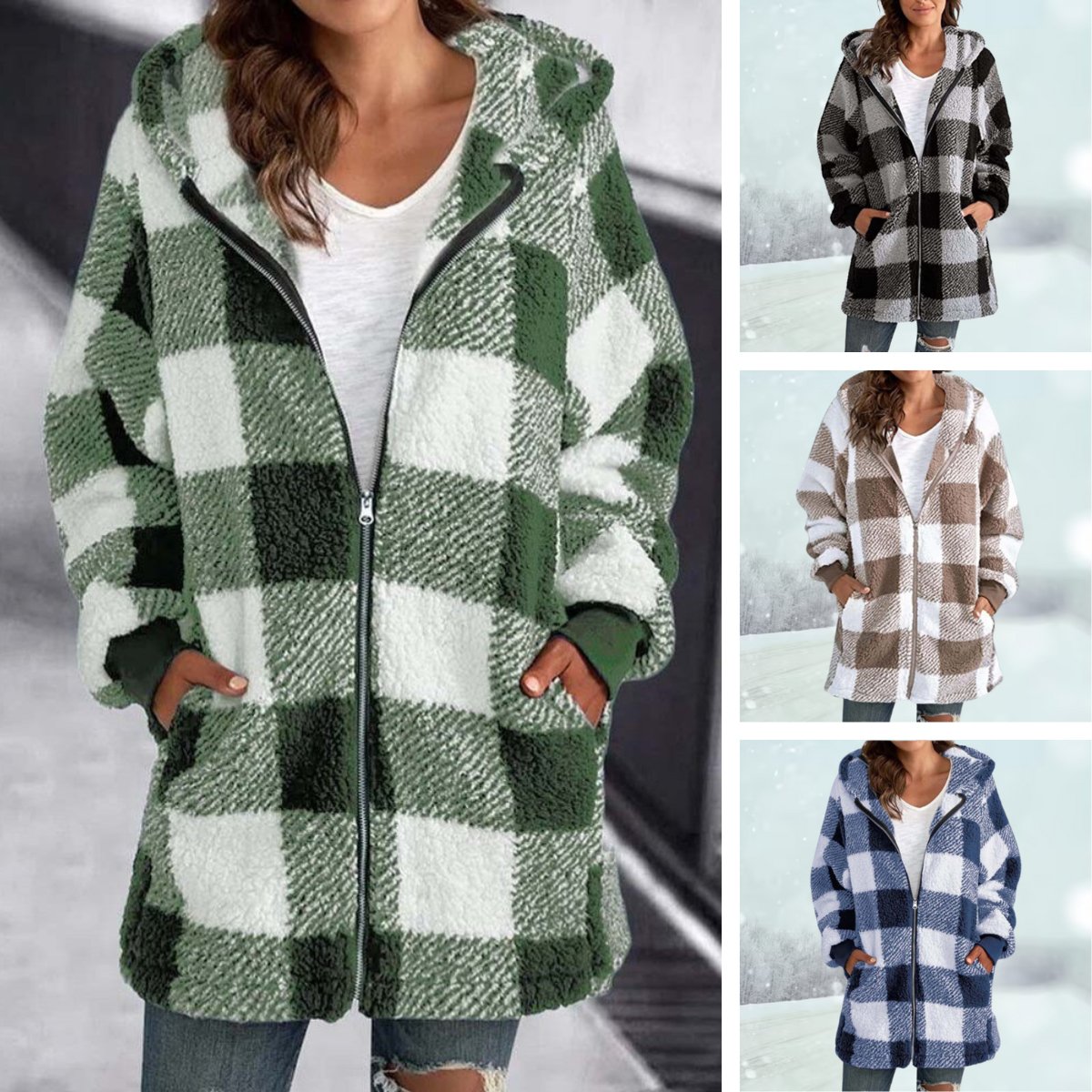 Winter Jacket - Women's Plaid Hooded Zip-Up Mid Length Fleece Jacket-Grace Aura