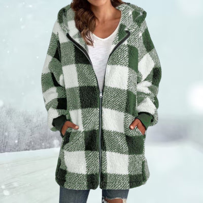 Winter Jacket - Women's Plaid Hooded Zip-Up Mid Length Fleece Jacket-Grace Aura