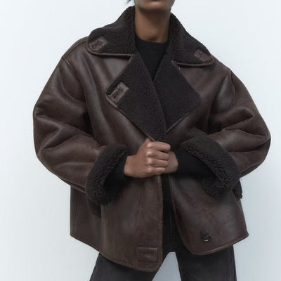 Winter Leather Jacket | Teddy Lined | Oversized | Fleece Leather Jacket | Women's Leather Jacket-Grace Aura