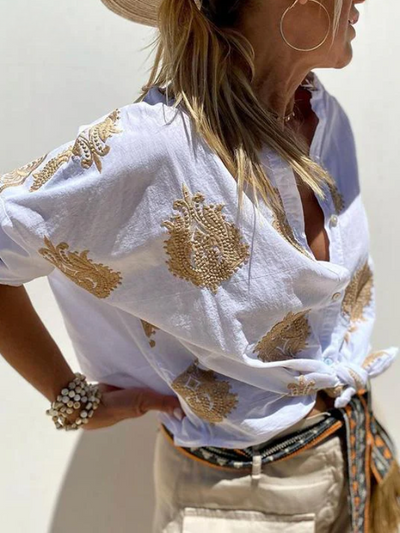 Women's Button-Up Blouse - Boho - Loose Fit - Long Sleeve Shirt - Ladies Linen Shirt-Grace Aura