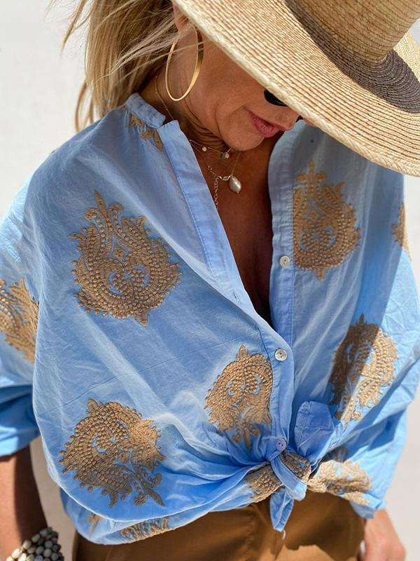 Women's Button-Up Blouse - Boho - Loose Fit - Long Sleeve Shirt - Ladies Linen Shirt-Grace Aura