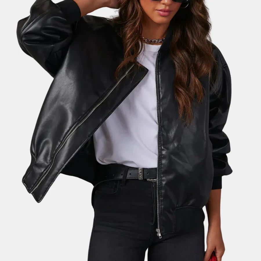 Women's Leather Jacket - Oversized - Zip-Up - Bomber Jacket - Biker Jacket-Grace Aura