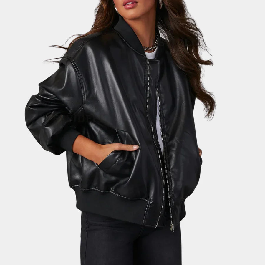 Women's Leather Jacket - Oversized - Zip-Up - Bomber Jacket - Biker Jacket-Grace Aura