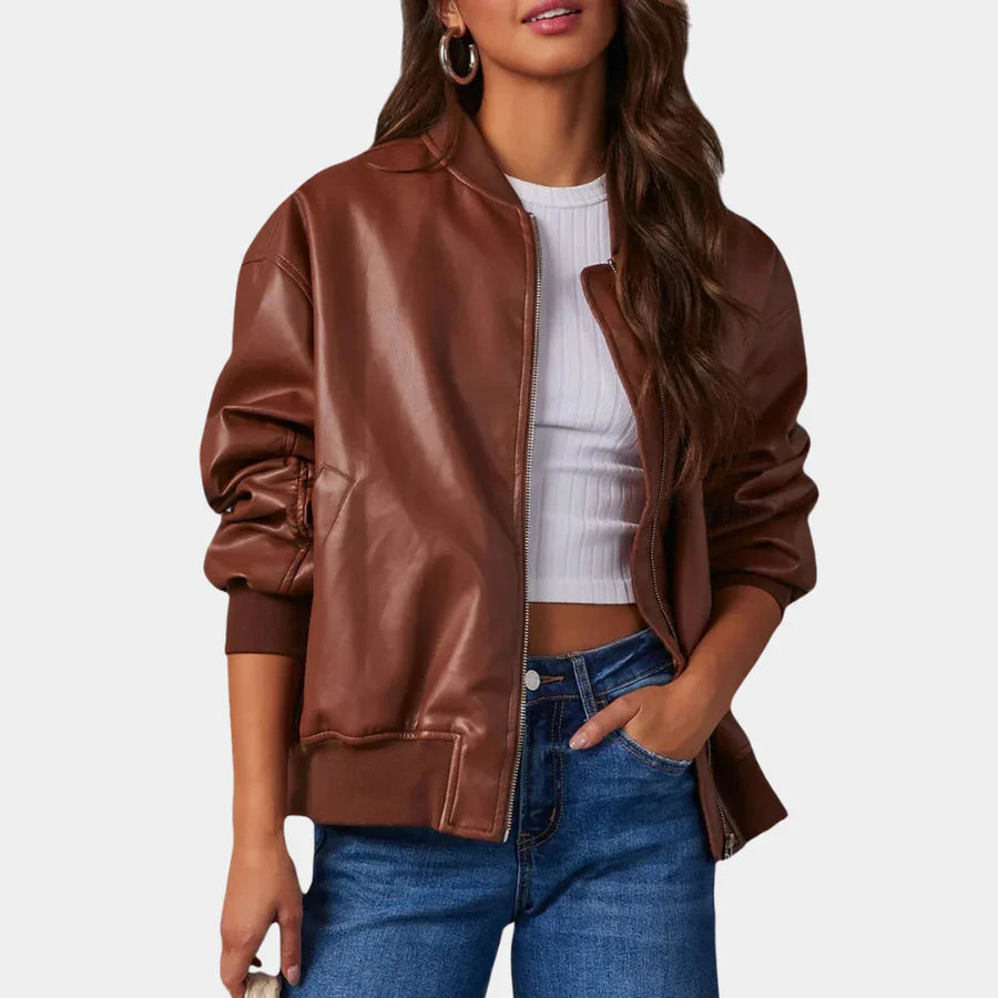 Women's Leather Jacket - Oversized - Zip-Up - Bomber Jacket - Biker Jacket-Grace Aura