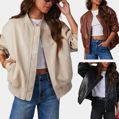 Women's Leather Jacket - Oversized - Zip-Up - Bomber Jacket - Biker Jacket-Grace Aura