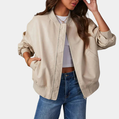 Women's Leather Jacket - Oversized - Zip-Up - Bomber Jacket - Biker Jacket-Grace Aura