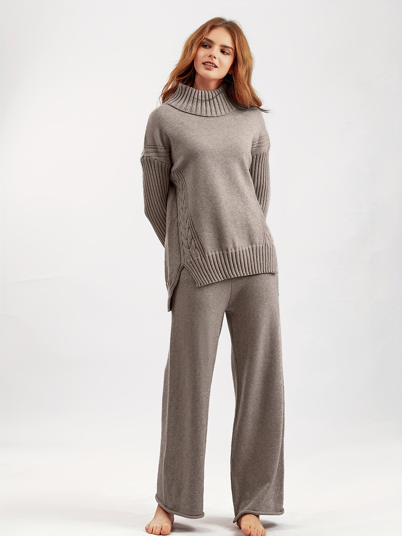 Women's Loungewear | Wide Leg | Turtleneck | Knit Two-Piece Set | Knit Co-Ord Set-Grace Aura