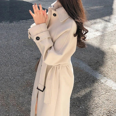 Wool Coat - Women's Long Single Breasted Wool Trench Coat for Winter-Grace Aura