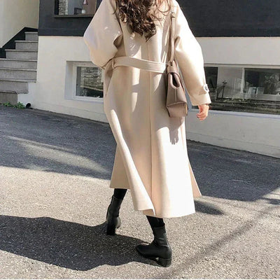 Wool Coat - Women's Long Single Breasted Wool Trench Coat for Winter-Grace Aura