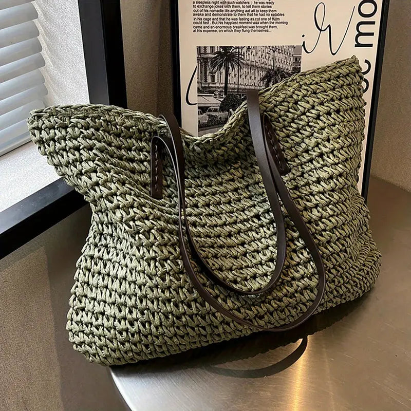 Woven Bag - Women's Large Carrier Tote Bag with Leather Straps-Grace Aura