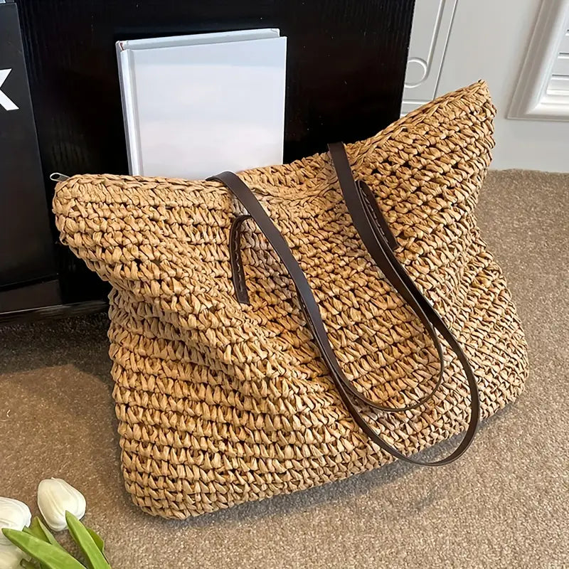 Woven bag with leather straps sale