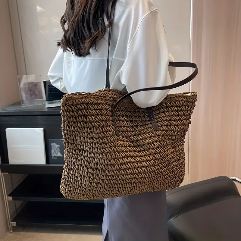 Woven Bag - Women's Large Carrier Tote Bag with Leather Straps-Grace Aura