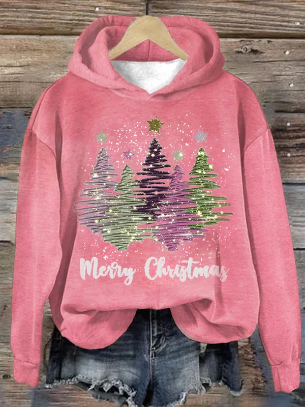 Xmas Hoodie - Women's Loose Fit Christmas Tree Pullover Sweatshirt-Grace Aura