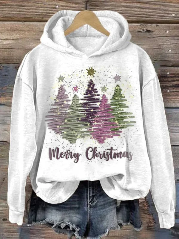 Xmas Hoodie - Women's Loose Fit Christmas Tree Pullover Sweatshirt-Grace Aura