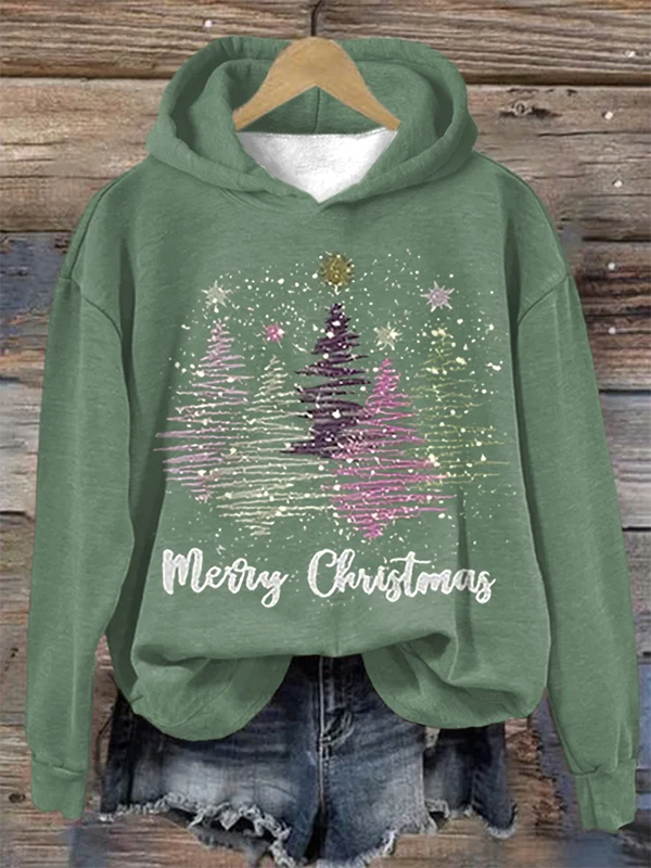 Xmas Hoodie - Women's Loose Fit Christmas Tree Pullover Sweatshirt-Grace Aura